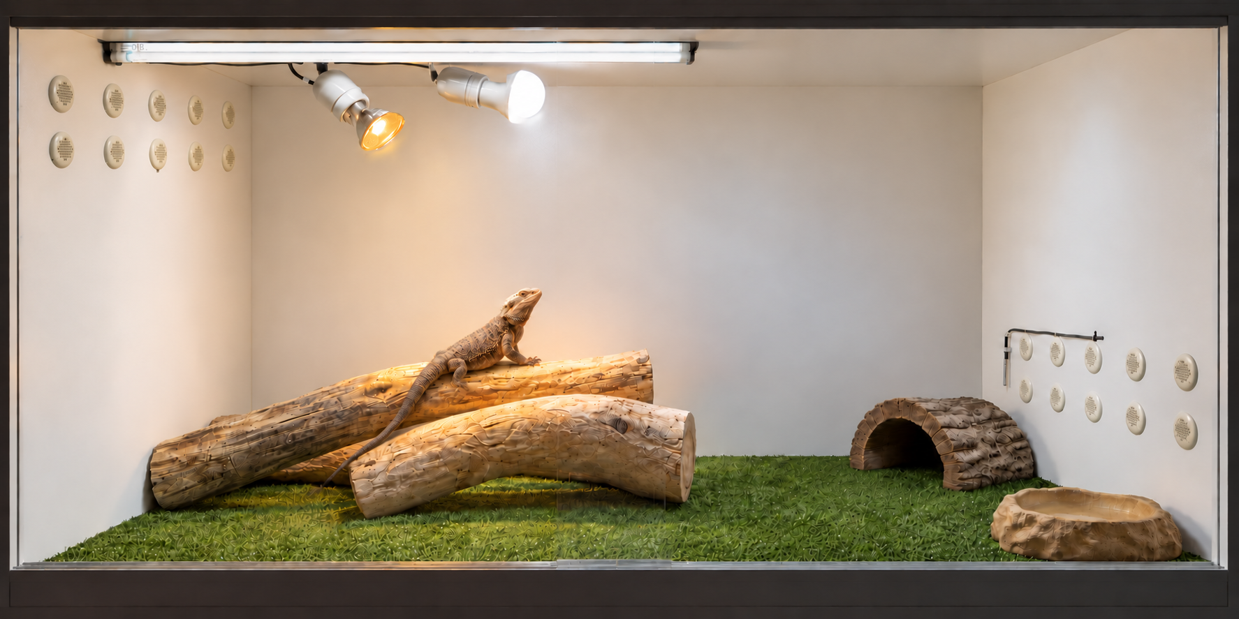 Front view of Fusion's enclosure showing a dragon basking on the highest log under the heat lamp and UVB, with a hide, water bowl and cool-end probe