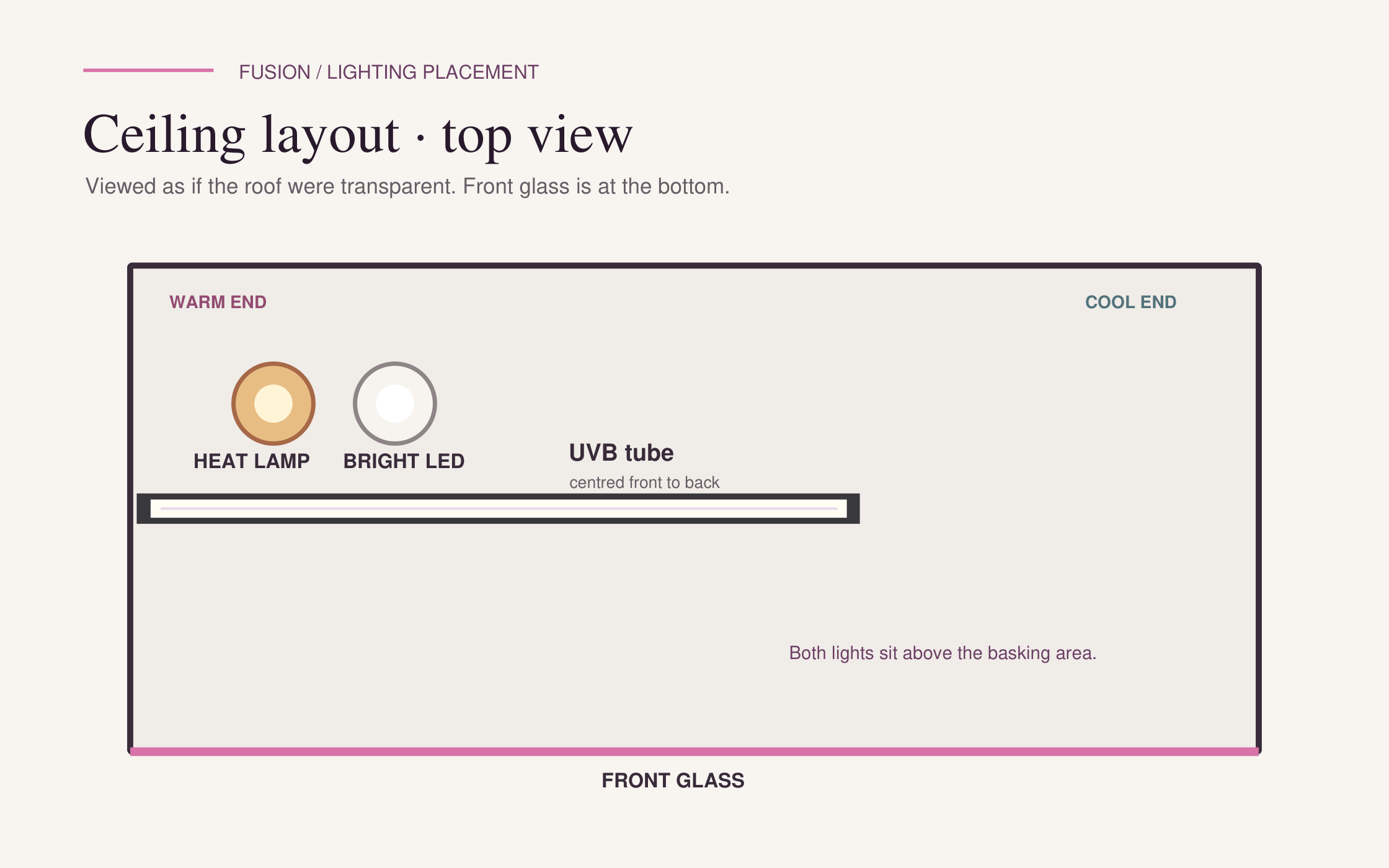 Ceiling plan showing the UVB tube extending from the left over the basking zone, with heat and LED lamps beside it